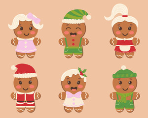 Set of Christmas gingerbread men in different costumes and hats. Cute gingerbread men for the New Year. Flat style vector image.