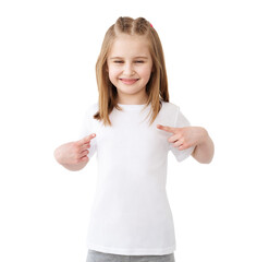 T shirt mock up. Cute little girl in blank white t-shirt with pointed finger isolated on a white background.