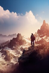 Fototapeta premium man standing on ground looking up rocky mountain generative ai