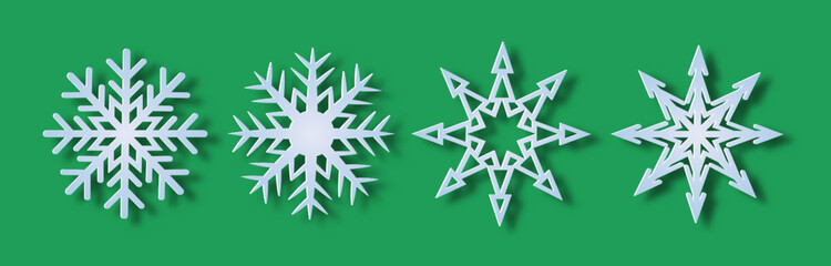 christmas decorative collection, set of snowflake elements for winter, vector 3d illustration in paper cut style