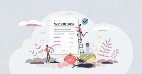 Nutrition facts on product and information about calories or fats tiny person concept. Nutrient guideline and list with protein, carbs or sodium percentage intake per serving vector illustration. - obrazy, fototapety, plakaty