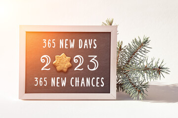 New Year 2023, motivational text, motivator 365 new days 365 new changes. Chalk writing on blackboard with cookie. Wooden frame with fir twig on off white background, orange sun flare..