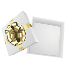 White open gift box with a gold bow - Christmas and birthday present collection