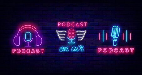 Podcast on air neon labels collection. Microphone icon with wings. Headphone icon. Vector stock illustration