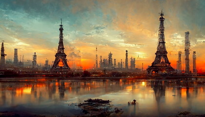 Fototapeta na wymiar Paris skyline panorama at sunset with Eiffel Tower France. Digital art and Concept digital illustration.