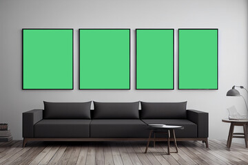 Canvas on the wall in a room with a black sofa, wooden parquet floor, white and gray color of the room, apartment without furniture. Layout for 3d rendering of the design.