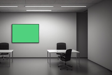 Canvas on the wall of a office room with table, chair and other furniture, grey and white tone of office. Layout for 3d rendering design. Canvas mockup in cabinet.