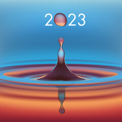 Carte de voeux écologique avec une goutte d’eau en suspension, symbole de pureté, qui forme le zéro de l’année 2023. - obrazy, fototapety, plakaty