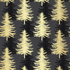 Obraz premium Christmas tree seamless pattern. Noel gold on black print, New year winter decoration, golden christmas background with firs and snowflakes, wallpaper, wrapping paper design