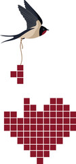 Vector drawing of a swallow that carries on a string a missing puzzle for a red heart