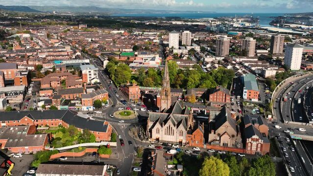Aerial Video of Carlisle Memorial Church Belfast Orange Hall Belfast City Clifton street Northern Ireland 