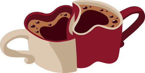 Two paired mugs in the shape of hearts for Valentine's Day.