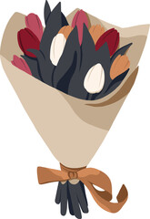 Vector bouquet of colorful tulips in a package with a bow