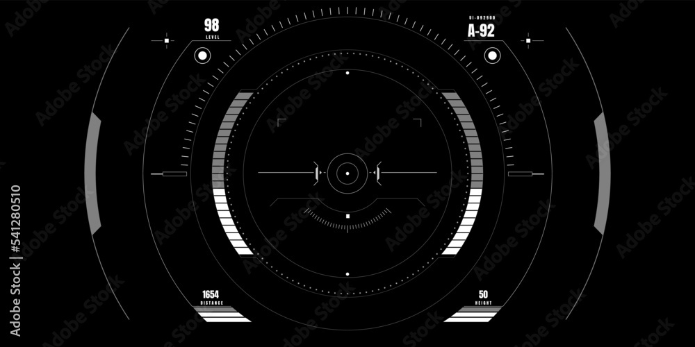 Poster Technology HUD Circle Shape Simple Layout Screen Monitoring Vector. Abstract Cockpit Control Monitor Panel Aiming, Drone searching enemy concept illustration.
