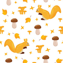 Seamless autumn pattern with squirrels, mushrooms and yellow leaves