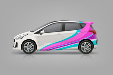 Branding design on Company Car mockup. Abstract  brand identity of pink stripes background on corporate Car. Branding vehicle. Raicng wrap decal. Editable vector template