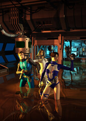 crew of a spaceship escapes from the flooded control room, 3d illustration