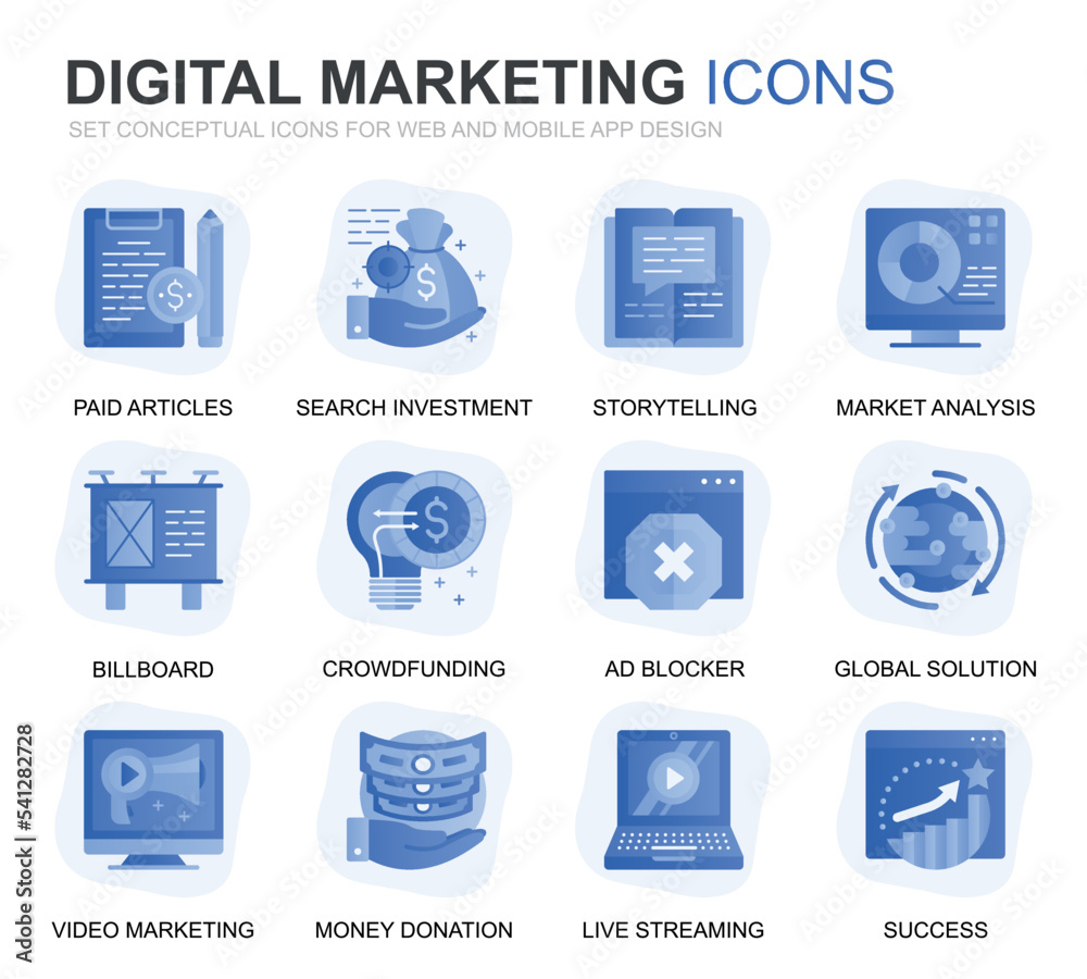 Leinwandbilder modern set business and marketing gradient flat icons for website and mobile apps. contains such ico