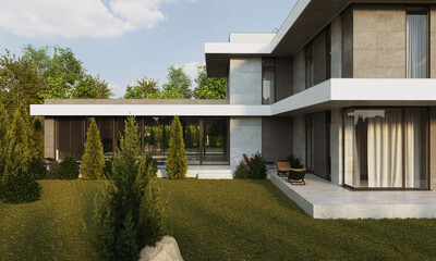 3D visualization of a modern house with a terrace and panoramic windows. Exterior. House with carport and swimming pool