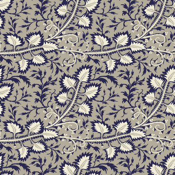 Floral seamless traditional pattern in oriental paisley style. Stylized indian fantasy flowers and branches print. Hand drawn background