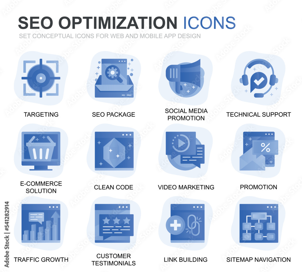 Poster modern set seo and web optimization gradient flat icons for website and mobile apps. contains such i