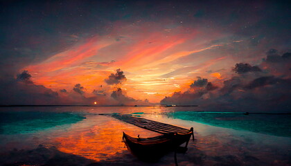Fototapeta na wymiar Romantic sunset in Maldives with sea and beach. Digital art and Concept digital illustration.