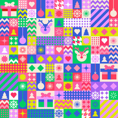 Christmas seamless pattern in the form of a mosaic with flat, geometric icons.
A bright and modern design with New Year’s elements will definitely make your project stand out and bring a festive mood! - obrazy, fototapety, plakaty
