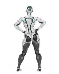 super cyborg girl is doing a super pose like a comic hero rear view