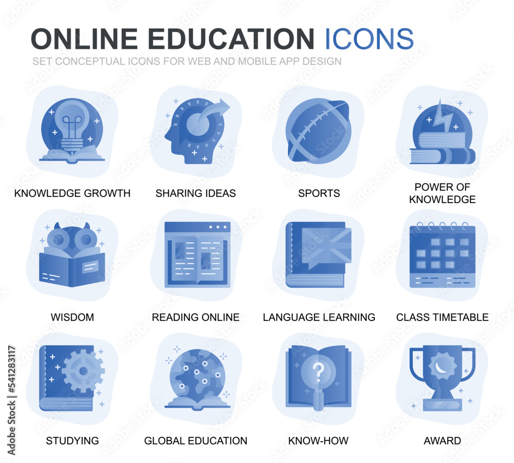 Poster Modern Set Education and Knowledge Gradient Flat Icons for Website and Mobile Apps. Contains such Icons as Online Course, University, Studying, Book. Conceptual color flat icon. Vector pictogram pack.