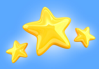 Three game ui stars, rate or gui design elements, assets for app user interface and score display. Cartoon yellow golden 3d icons on blue background. Winner achievement, bonus symbols