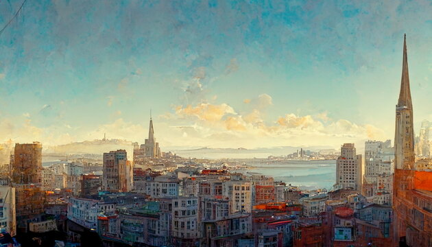 Colorful houses and landscape of San Francisco as a panorama at sunrise. Digital art and Concept digital illustration.