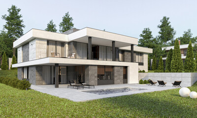 Fototapeta na wymiar Modern house on the relief. Exterior. House with swimming pool and large terrace. Modern architecture
