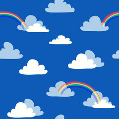 Clouds and rainbow seamless pattern vector illustration Bright blue sky background Flat cartoon style design for wrapping paper, textile, fabric and packaging decoration