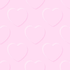 Pattern of embossed pink hearts in realistic style for printing and decoration. Vector illustration.