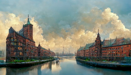 Speicherstadt panorama in Hamburg Germany. Digital art and Concept digital illustration.