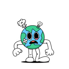 The cartoon planet Earth stands in a displeased pose, damaged. The concept of consumer attitude to the planet. Caring for the environment. Doodle style. Stock vector illustration of planet Earth. 