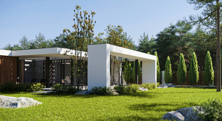 Modern villa with a large green area. House with pool and terrace. 3D visualization. house architecture