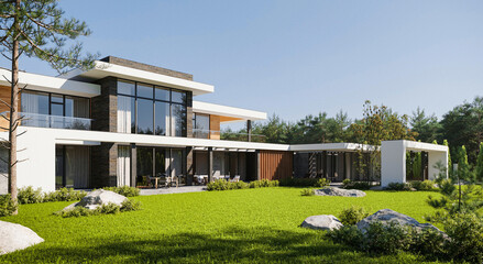 Modern villa with a large green area. House with pool and terrace. 3D visualization. house architecture - obrazy, fototapety, plakaty