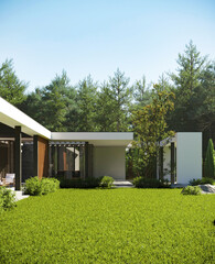 Modern villa with a large green area. House with pool and terrace. 3D visualization. house architecture