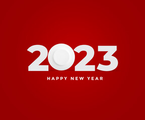 Happy New Year 2023 concept for  Ceramic, Tiles, Restaurant isolated on red   background. Food plate ceramic new year concept.