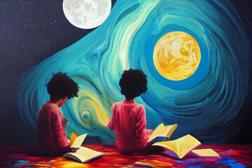 Kids Reading a Book in a Room 
 with Fantasy Full Moon Background Illustration, Night Time Two Kids Drawing Fantasy Astronomy with an Open Book Background