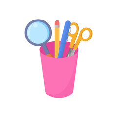 Pencils holder. Plastic cup with pen, pencil, scissors and magnifier
