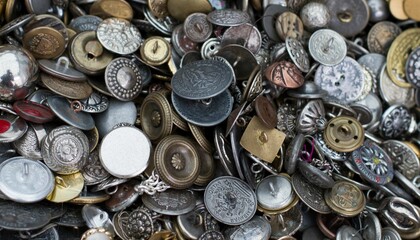 Closeup shot of a textured background with a pile of different metal clothing buttons