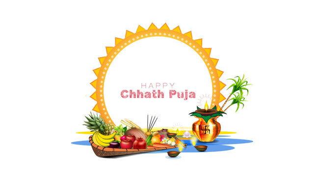 Chhath Puja greeting card design with god sun fruit basket, water pot and candle.