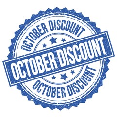 OCTOBER DISCOUNT text on blue round stamp sign