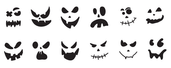Halloween face silhouette sticker. Scary halloween pumpkins, icon set. Scary and funny pumpkin or Halloween ghost faces. Vector illustration.