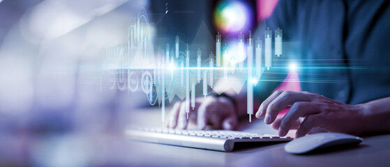 Global business, Investor touching of invest graph data growth on business network and investment risk analysis for return of success, strategy and planning investment, Banking, Finance and stock.