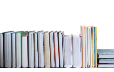 many books in a row stand on the table on Isolated white background.