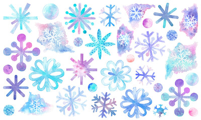 Collection of watercolor snowflakes. Cute winter illustrations for design cards, patterns, digital paper, stickers, packaging, holiday prints