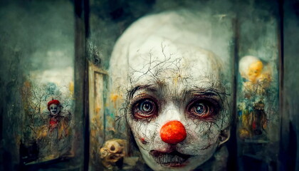 The nightmare clown in a derelict building. Spooky Halloween digital art and Concept digital illustration.
